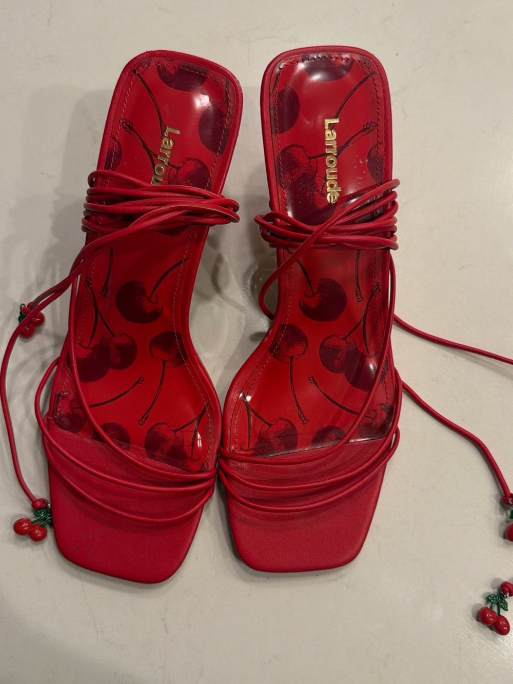 Larroude Red Cherry Lace-Up Heeled Sandals